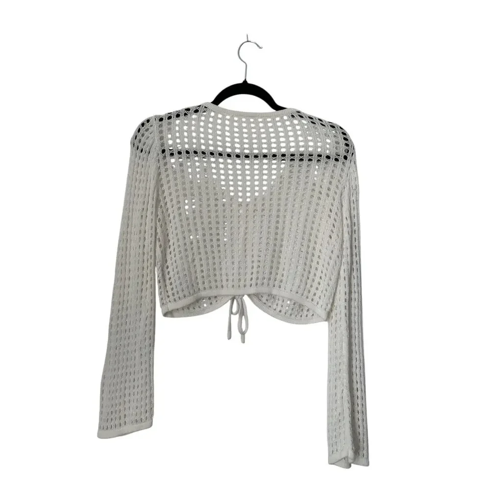 Womens Crop Top Size S White Open Knit Bell Sleeve Cinched Boho Festival Hippie